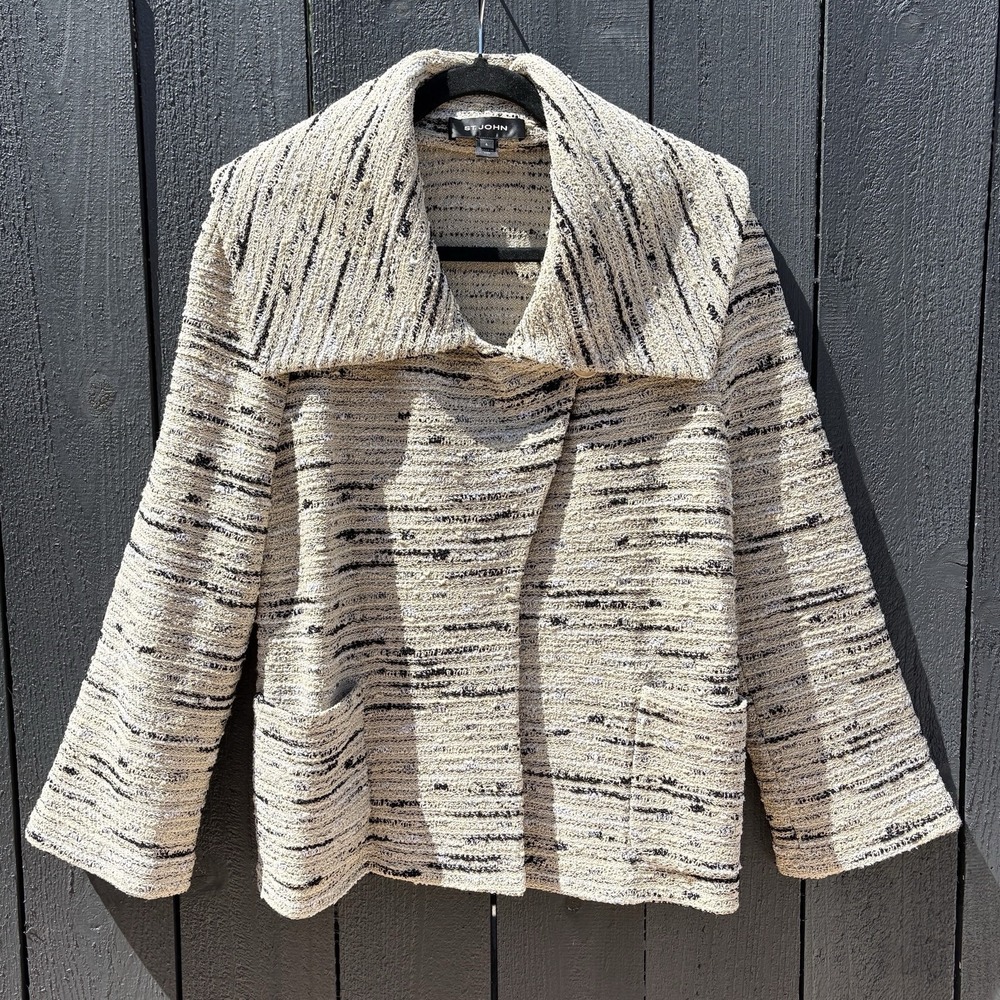 St John Boucle Knit Swing Jacket 6 Texture Metallic Relaxed Designer Luxury 2009